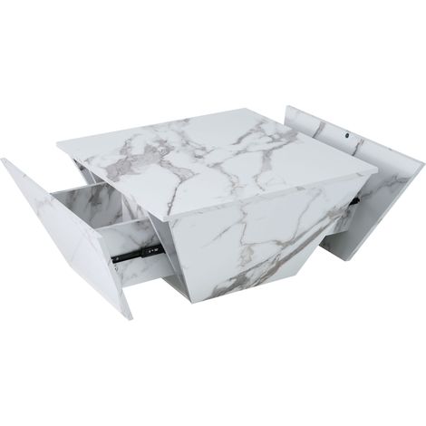 Mesa de centro moderna trapezoidal blanca con efecto mármol y 2 cajones 70x70x37 cm (1/5)