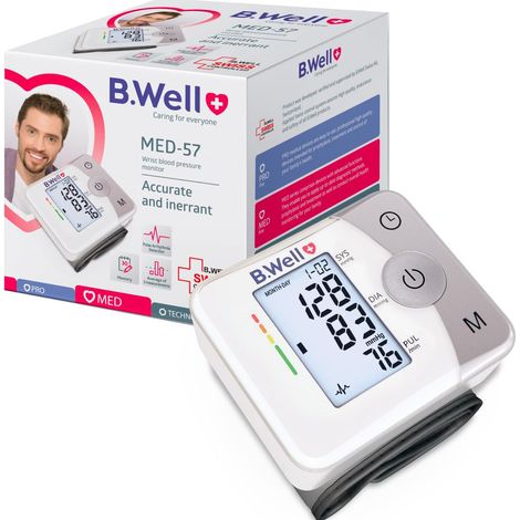 Tensiomètre poignet automatique MED-57, détection arythmie, moyenne de 3 mesures pour plus de précision, écran large, mémoire 30 mesures, 2 utilisateurs (1/5)