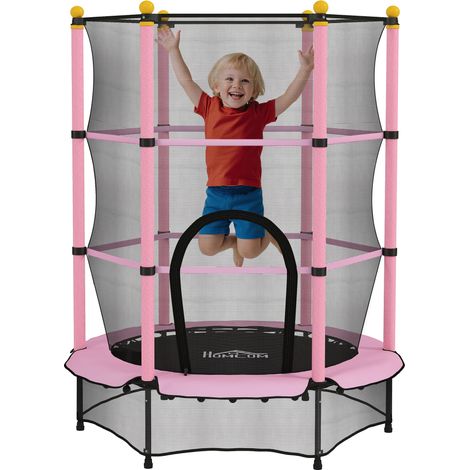 Trampolino per bambini Ø 1,40 × 1,90 m (altezza), rete di sicurezza, porta con cerniera, coprimolle, 6 pali imbottiti inclusi, colore rosa.