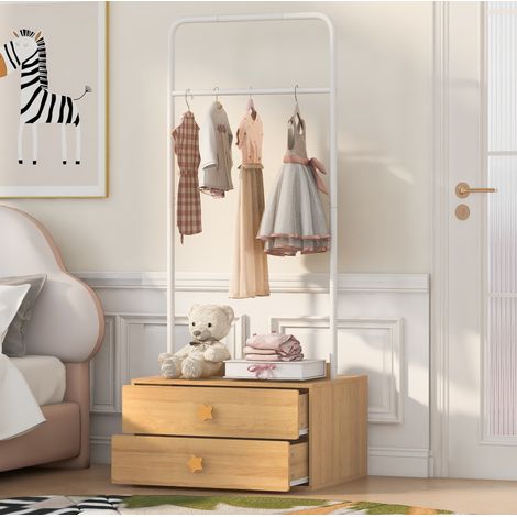 Penderie enfant 70x55x168 cm en MDF et métal, blanc et bois naturel, avec 2 tiroirs – MEUBLIV (1/5)