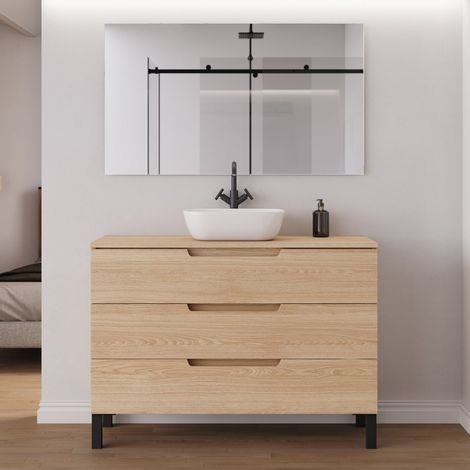 Meuble de salle de bain 120cm avec plateau et vasque à poser arrondie - 3 tiroirs - roble era (chêne clair) - RIZA (1/5)