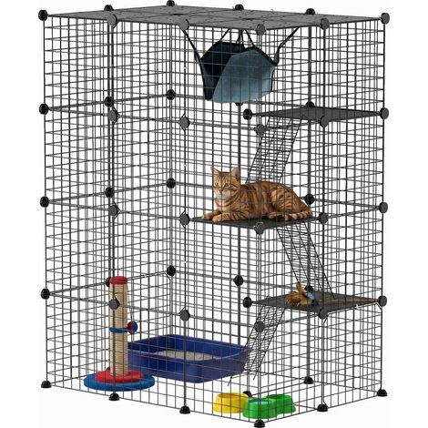 Cage pour chat d'intérieur parc pour chat en acier à 4 niveaux DIY avec 5 portes hamac 1-3 chats 105 x 70 x 140 cm noir (1/5)