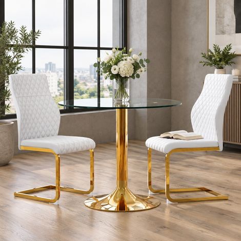 Runder Esstisch aus gehärtetem Glas 85 cm mit 2 weißen und goldfarbenen Stühlen OKWISH (1/5)