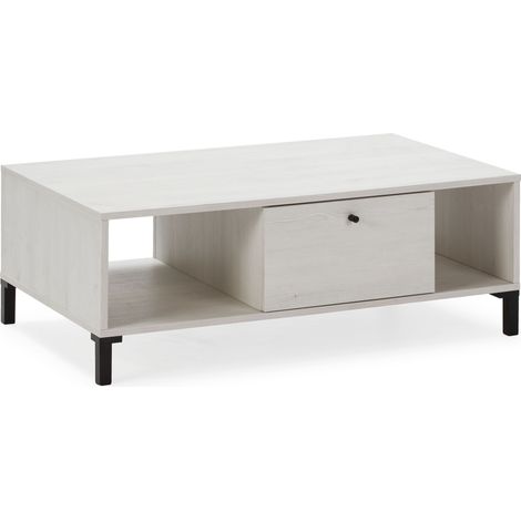 Couchtisch SIDNEY 1 Schublade und 2 Mulden. Farbe Weiß und Holz. 100 cm (Breite) 60 cm (Tiefe) 37,5 cm (Höhe)