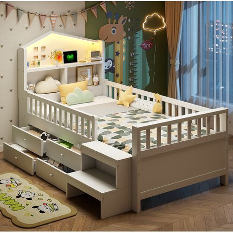 Cama infantil casita de madera maciza blanca 90x200 cm con cabecero, 4 cajones, escalera lateral, LED y puertos USB/Type-C (1/5)