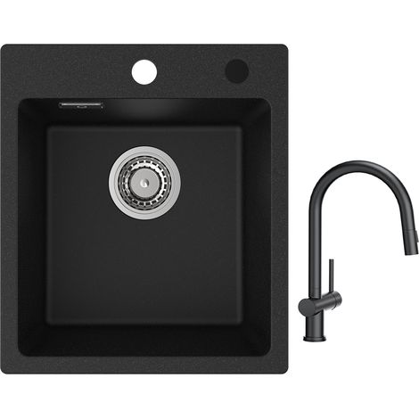 Cecipa Evier Quartz Noir 40x45cm Evier de Cuisine en Granit Evier à Encastrer 1 Vasque + Mitigeur de Cuisine avec Douchette Extractible avec 2 Types de Jet Noir (1/5)
