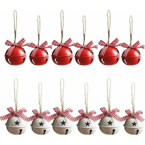 Juego de 12 campanillas metálicas para árbol de Navidad, campanillas de hojalata de 5,5 cm, cascabeles de hierro para Navidad/decoración, blancas y rojas, (1/5)