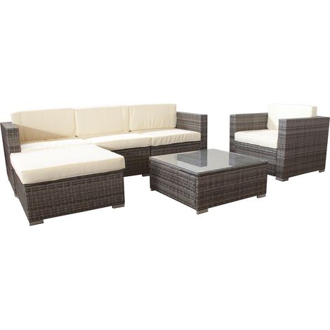 Polyrattan Rattan Lounge Sitzgarnitur Jamaica braun mit cremeweißen Sitzauflagen 5 Personen
