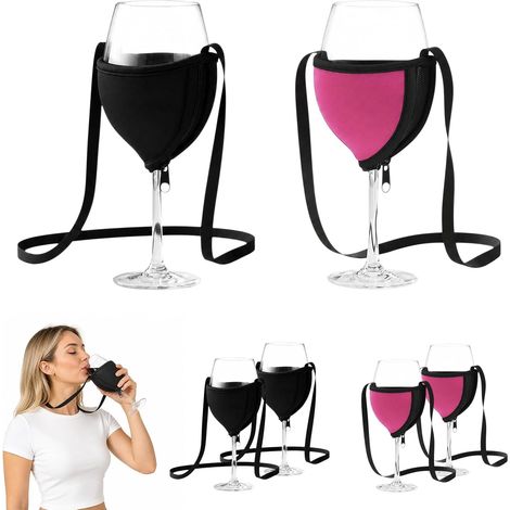 Lot de 6 porte-verres à vin à bandoulière, porte-verres à vin, porte-gobelet pour festival, fête du vin, mariage, anniversaire, fête et pique-nique, noir + fuchsia (1/5)