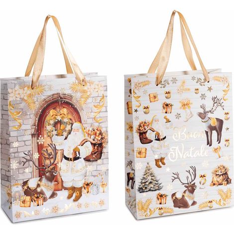 Sachets de Noël moyens en papier à décors, message de vœux et détails dorés, lot de 36, 18 x 8 x H. 24 cm