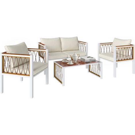 Outsunny 4 Seater Rattan Garden Furniture Set with Metal Frame, Cream White (1/5)