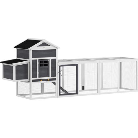 Gallinero Madera 3-6 Gallinas Techo Asfáltico Nido Bandeja Extraíble 297,5x68x118 cm Blanco Gris