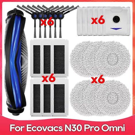 Ersatzteile für Ecovacs Debot N30 Omni/N30 Pro Omni Staubsauger: Hauptseitenbürste, HEPA-Filter und Staubbeutel.