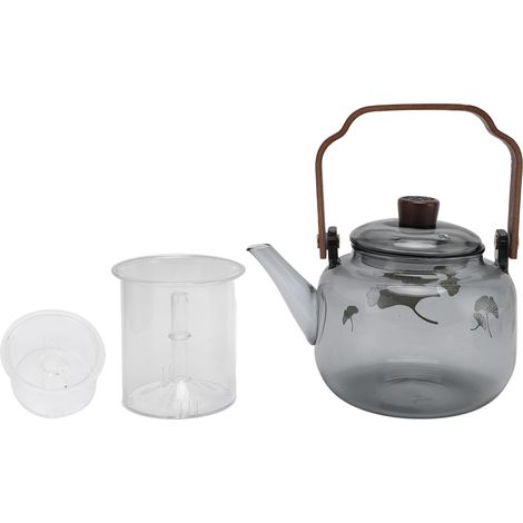 Théière en verre borosilicate 900ml avec infuseurs amovibles, compatible plaque vitrocéramique, poignée en bois élégante et résistante à la chaleur (1/5)