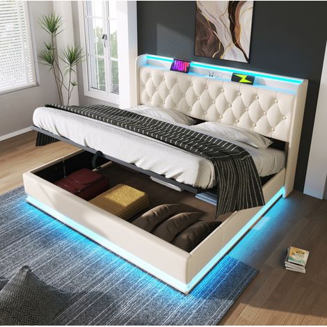 Lit coffre PU blanc 180x200 cm avec LED 360°, ports USB et USB-C, sommier à lattes inclus (1/5)