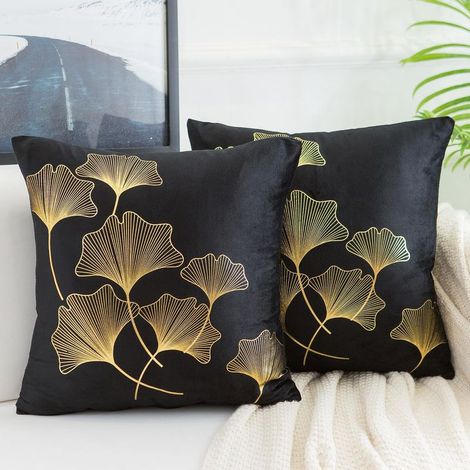 Fodera per cuscino 45 x 45 cm, federa in velluto con stampa a foglia d'oro, cuscino decorativo morbido nero, quadrato con stampa dorata Ginkgo Biloba, fodere per soggiorno, camera da letto, divano, se