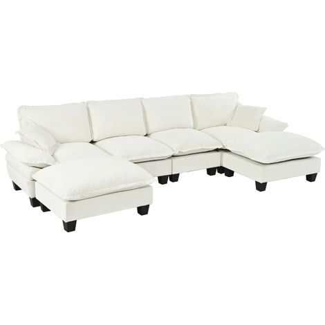 CAIziCanapé d’angle modulaire, canapé nuage en U au design de voilier, canapé 6 places en tissu chenille confortable avec ottomans mobiles pour salon et appartements, beige (1/5)