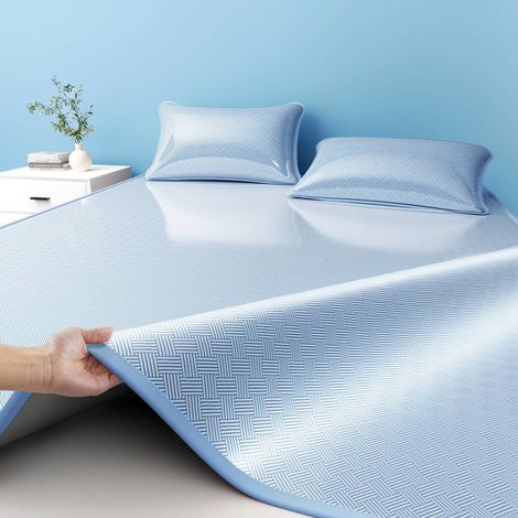 Drap de lit rafraîchissant d'été – Effet soie glacée – Protège-matelas respirant avec taie d'oreiller – Sensation de fraîcheur durable (Bleu - Surmatelas 90 × 200 cm + 1 taie d'oreiller) (1/5)