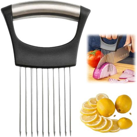 Soporte de acero inoxidable para cortar verduras: soporte para cebollas y cortador de limones para un corte seguro y rápido (1/5)