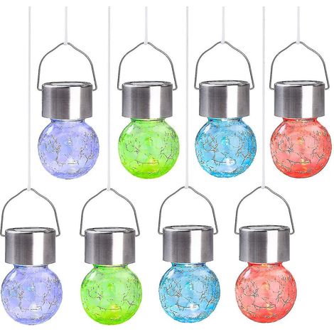 2024 Lot de 8 lampes solaires suspendues d'extérieur, boules décoratives en verre craquelé, lampes solaires étanches, lampes solaires suspendues pour jardin, pelouse, parterre de fleurs. (1/5)