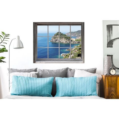 Sticker mural autocollant Trompe-l'oeil 75x60cm, Photo côtes et mer bleue, Déco intérieure, Idée cadeau originale