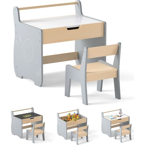 Set tavolo e sedia per bambini con piano rimovibile 2-in-1, Set scrivania in legno con spazio di archiviazione Grigio (1/4)