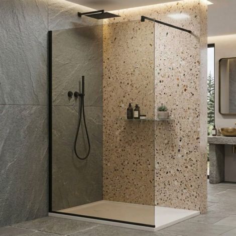 Paroi de douche à l'italienne de 80 cm, en verre fumé de 8 mm, réversible, avec profilés en finition noir mat