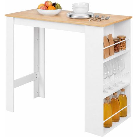 H.J WeDoo Comptoir de Cuisine, Table de Bar avec 3 étagères de Rangement, Table Haute pour Salle à Manger, Salon et Cuisine, 112 × 57 × 106 cm, Blanc + Chêne Clair