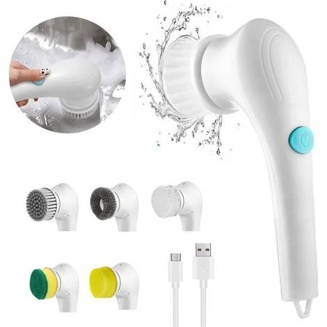 (Weiße) Elektrische Reinigungsbürste - 5 austauschbare Bürstenköpfe, 360°-Spülbürste, zur Reinigung von Küche, Dusche usw. (1/4)