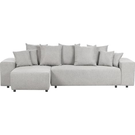 Sofá cama esquinero de tela con cojines estilo moderno a la derecha en gris claro Luspa