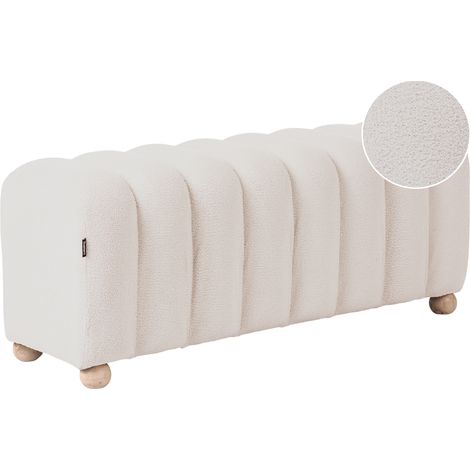 Banco de cama puf otomana moderno acanalado tapizado de bouclé patas de madera estilo rústico retro blanco crema Idyllwild