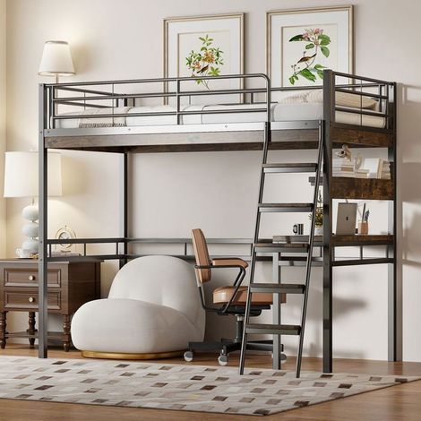 Lit mezzanine 90x200cm - lit une place - avec bureau et étagères - barrières de sécurité - Échelle incluse - Lit Ado - noir (1/5)