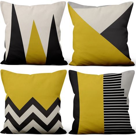 55x55cm Lot de 4 Housse de Coussin Noire Jaune Blanc Moderne Géométrique Motif Doux Court Peluche Carré Taie d'oreiller Chambre Salon Extérieur Canapé Balcon Patio Ferme Jardin Voiture (1/5)