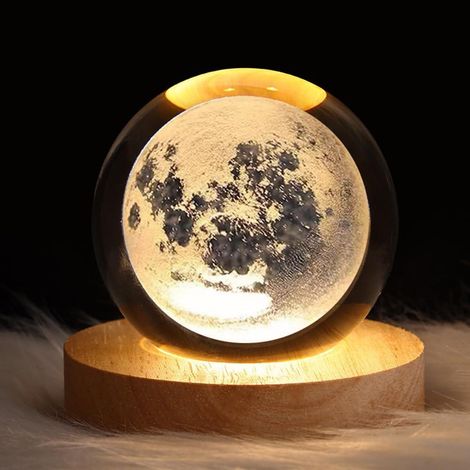 3D Nachtlicht Kristallkugel Mond LED, Kinder Holz Basis, sanfte Zimmer Deko Traum Geschenk (1/5)