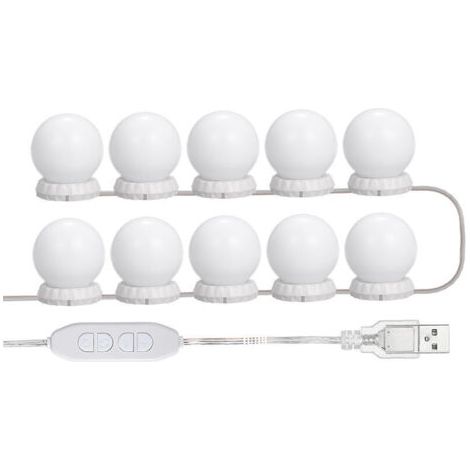 Kit di illuminazione a LED per specchio da toeletta, con 10 lampadine regolabili, 10 livelli di luminosità e 3 modalità di illuminazione, tipo USB, bianco - bianco