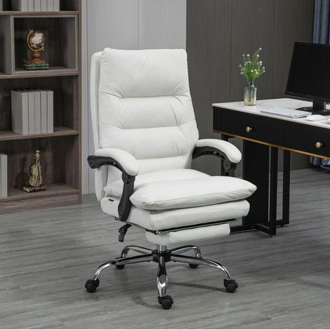 Chaise de bureau massante en polyester blanc crème, dossier inclinable 135°, hauteur réglable, repose-pieds 65x72x109-117 cm (1/5)