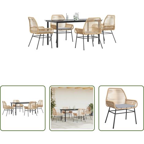vidaXL Table de jardin - Ensemble à manger jardin coussins 5pcs marron poly rotin verre (1/5)