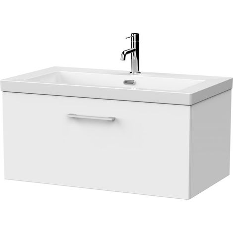 Pershall Contemporary Wall Hung 1 Drawer Vanity Unit with 1 Tap Hole Fireclay Basin, 800mm, Matt White