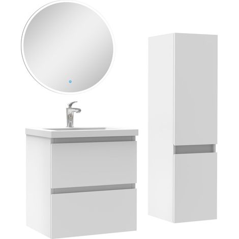 Ensemble meubles Salle de Bain 50cm vasque + colonne + miroir rond lumineux Blanc (1/5)