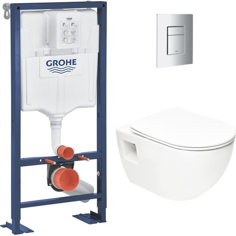 Grohe – Pack WC suspendu sans bride – Bâti autoportant 1,13m – Abattant SoftClose blanc – Plaque chrome double touche