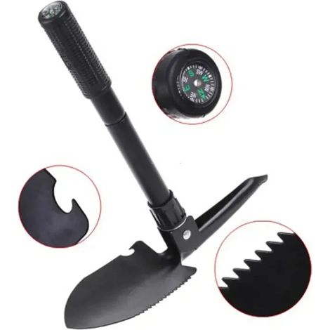 Pelle de Survie Militaire Pliable - Acier Alliage Trempé - 3 en 1 (Pelle, Pioche, Scie) - Compacte 16 cm - Idéal Camping, 4x4, Bivouac (1/5)