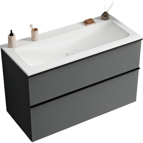 BERNSTEIN - Meuble de salle de bain avec vasque fonte minérale, 2 tiroirs et poignées métal - 80x45,5x62cm (LxPxH) - LAVOA - Couleur meuble, Lavabo et poignée : Anthracite mat, Anthracite mat, Blanc m