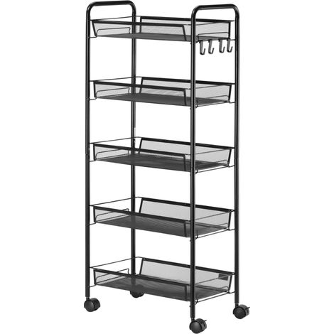 Chariot de cuisine 4 étagères avec 5 paniers acier noir, desserte grande capacité rangement cuisine