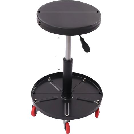 Tabouret roulant, hauteur réglable, plateau à outils inclus, noir (1/2)