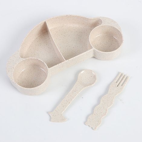 Ensemble de 3 couverts en paille de blé kaki : fourchette, cuillère, bol à fruits, bol en plastique. Motif enfant. (1/4)