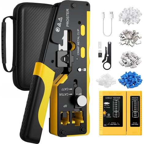 Proster RJ45 RJ11 Through Cable Crimper CAT7 8P+6p with RJ45 Tester Network Clamp Kit with 20pcs Shielded CAT7 Connector and 30pcs CAT6 for Network and Telephone Installation (1/5)