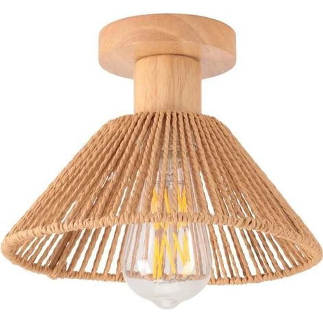 Plafonnier Rétro,E27 Lampe de Plafond Abat-jour en Rotin et Bois Vintage Lustre Design Chapeau pour Couloir Salon Chambre (1/5)