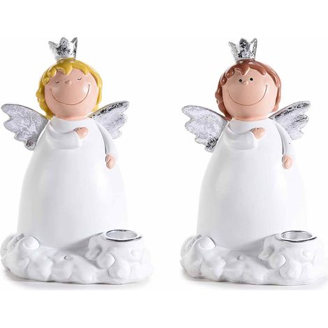 Porta candele in resina con angioletto e decori argento, set da 4 pezzi, cm 11 x 11,5 x 17 H