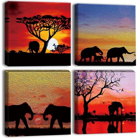 Leinwandbilder Elefanten Sonnenuntergang Wandbild 30x30cm 4-teilig (1/5)