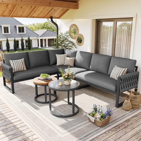Salon de jardin avec pieds réglables,coussins hydrofuges et amovibles, salon de jardin pour 5-6 personnes,modulable pour balcon,jardin,terrasse,comprenant tous les coussins d'assise et de dossier,gris (1/5)